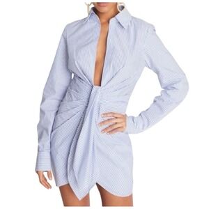 Blue White Striped Knotted Mini Shirt Dress Deep V-Neck Long Sleeve NEW